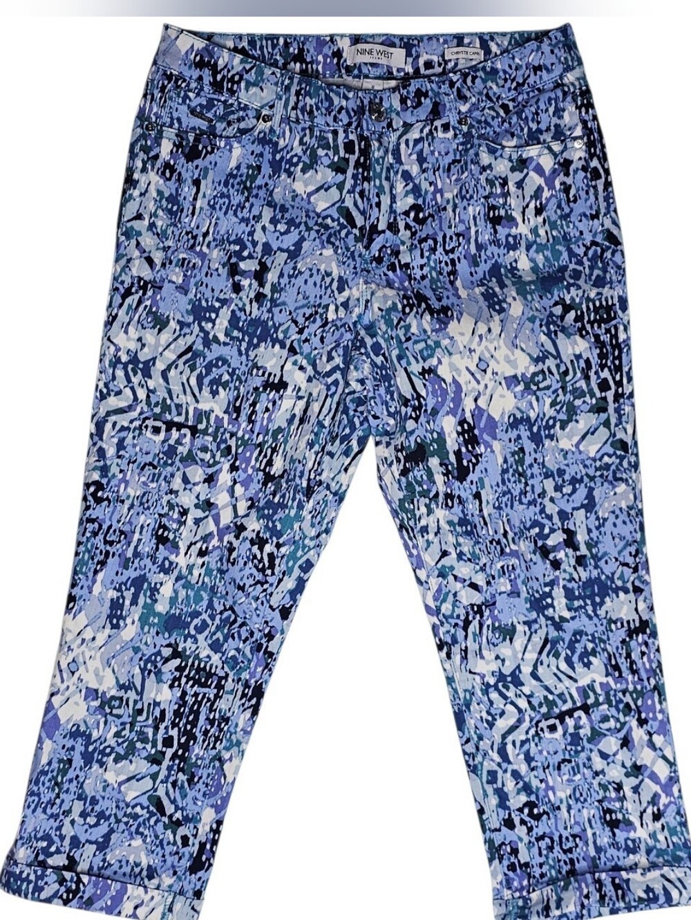 NWT Nine West Jeans Chrystie Capri Pants in a vibrant blue abstract / geometric